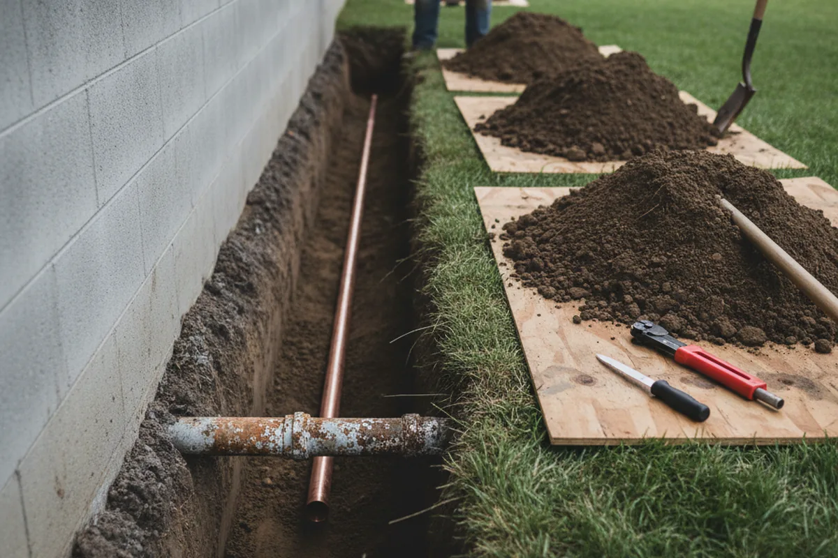 Excavated water line trench during Water Softener Installation in Van Voorhis